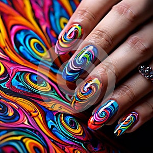 nails painted to resemble a psychedelic dream with swirls of br photo