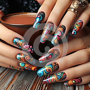 Nails painted to resemble a psychedelic dream, with swirls of photo
