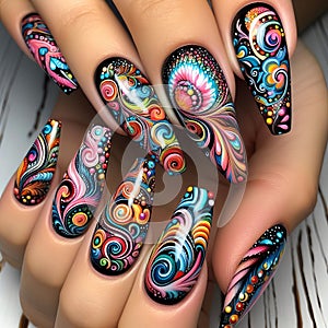 Nails painted to resemble a psychedelic dream, with swirls of photo