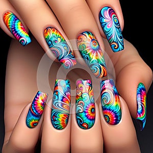 Nails painted to resemble a psychedelic tie dye pattern, with photo