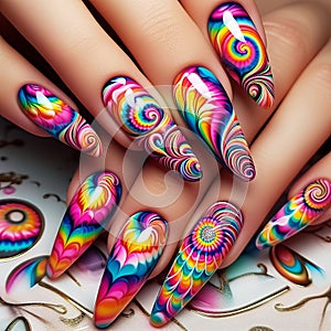 Nails painted to resemble a psychedelic tie dye pattern, with photo