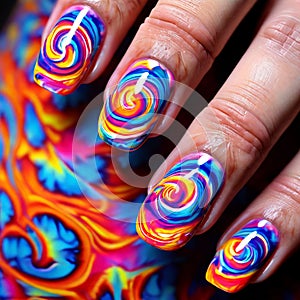 nails painted to resemble a psychedelic tie dye pattern with s photo