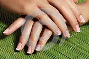 Nails with perfect french manicure. Care for female hands.