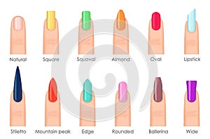 Nails shape icons set. Types of fashion bright colour nail shapes collection. Fashion nails type trends. Beauty spa photo