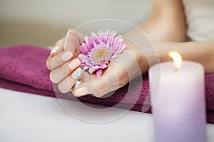 Nails in the spa. Well-groomed nails. Beautiful girl holds a flower in her hands. In the beauty salon. Spa treatments. The concept