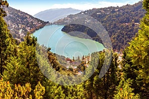 Nainital lake in aerial view with Nainital cityscape at Uttarakhand India. photo