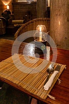 NAIVASHA, KENYA - FEBRUARY 15, 2020: Restaurant table of the Fisherman's Camp near Naivasha lake, Ken