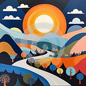 Naive Art: Oranges, Trees, And Sunset In The Style Of Sarah Knox