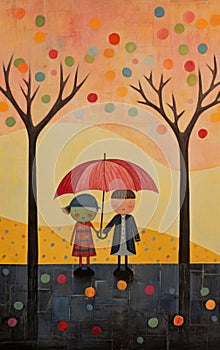 Naive Art Painting: Siblings Under A Single Umbrella