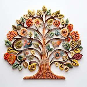 Naive Art Tree Carving On White Background