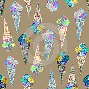 Naive childrens seamless pattern with ice cream hand-drawn in pencil