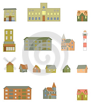 Naive city creator set for nursery map. Cute houses, trees and urban objects. Bundle of little town elements