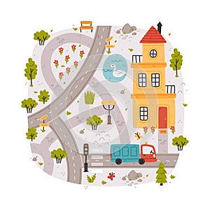 Naive City Map with Cartoon Road, Car and House Vector Illustration