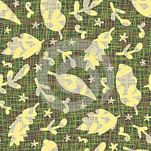Naive doodle leaf textured seamless vector pattern background. Backdrop with yellow gray falling oak, birch leaves