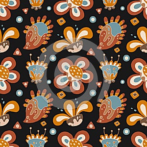 Naive folk ornament with absurd fllowers seamless pattern