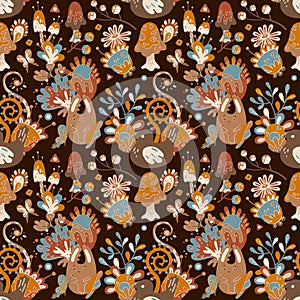 Naive folk ornament with absurd fllowers seamless pattern