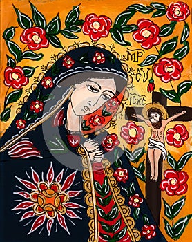 Naive Orthodox Icon of Virgin Mary and Jesus Crucified