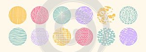 Naive playful abstract circle shapes with loop, drops, spots, curves, lines and waves in trendy retro style. Hand drawn