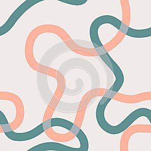 Naive seamless boho pattern with bright green and orange wavy lines on a light background. Creative contemporary minimalistic