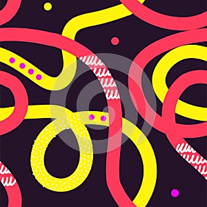 Naive seamless squiggle pattern with bright neon wavy lines on a dark background. Creative abstract squiggle style