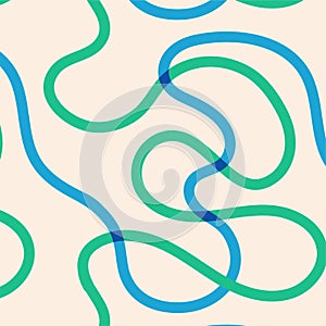 Naive seamless squiggle pattern with brightgreen and blue wavy lines on a light background. Creative abstract squiggle