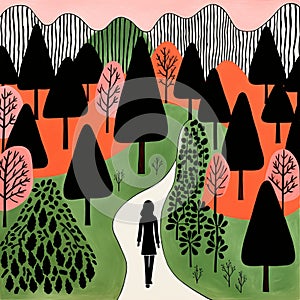 Naive Style Forest Path Illustration: A Fauvism Art Landscape By Jean Jullien