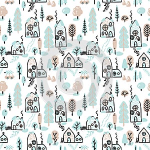 Naive style seamless vector pattern with hand-drawn small village. Lovely Nursery endless background.