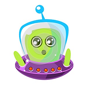 Naive and surprised green alien in a flying saucer, cute cartoon monster. Colorful vector character