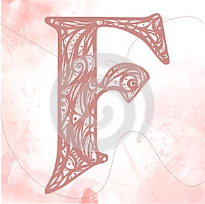 Naive Vintage initials letter F. alphabet, hand drawn letter F. Pink color initials litter on a watercolor background.