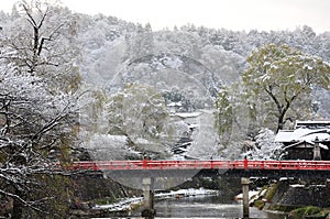 Nakabashi Bridge in winter, Takayama, Japan