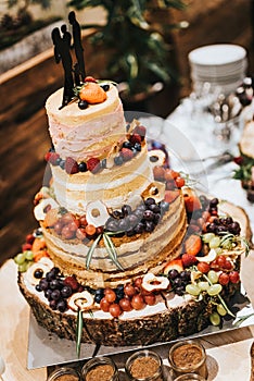 Naked cake served on a wooden plate