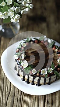 Naked drip cake with chocolate, decorated with strawberries, jasmine flowers and honeysuckle on brown wooden table