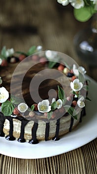 Naked drip cake with chocolate, decorated with strawberries, jasmine flowers and honeysuckle on brown wooden table