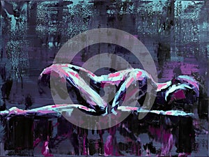 A naked girl lies in a fetal position against a dark background. Conceptual closeup of an oil painting and palette knife