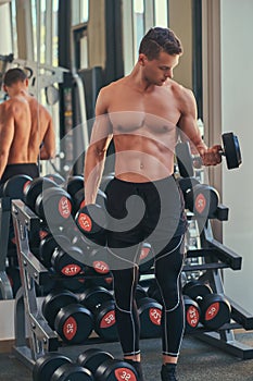 naked guy with muscular body doing exercise with dumbbells on a biceps at the gym.