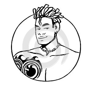 Naked man avatar in circle. Young macho guy with dreadlocks, tatoo, tattoo, fang on neck beads. Smiling face of male