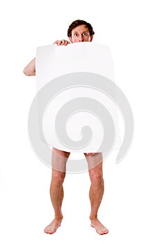 Naked man with blank poster