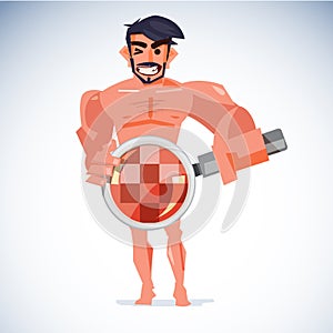 Naked man handling magnifier at his penis with censored skin. he