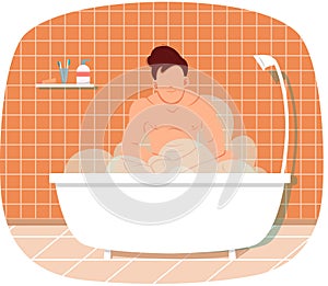 Naked man sitting in bathtub with hot water. Male character relaxing in home sauna with steam