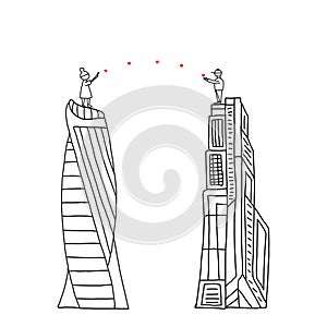 naked man and a woman stay on the skyscraper and bring hearts for each other Vector illusrtation