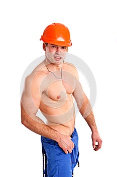 naked mechanic posing on a white background