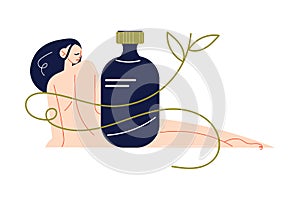 Naked woman lying and looking at big bottle with natural organic cosmetics