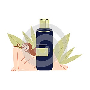 Naked woman relaxing over bottle with natural organic cosmetics