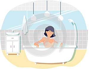 Naked woman sitting in bathtub with hot water in home sauna. Trendy bathroom modern interior design