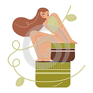 Naked woman sitting on natural organic cosmetics for skincare and bodycare