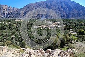 Nakhal oasis Al Hajar Hadschar mountains landscape with palm trees, Oman