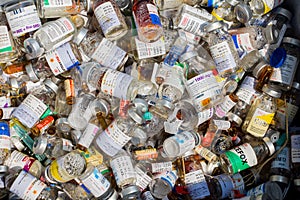 Bottles garbage of used vials of antibiotics, medications to treat infections in the laboratory.