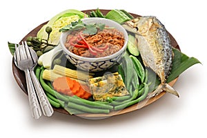 Nam phrik pla thu ; vegetables with short mackerel dipping paste ,  thai food