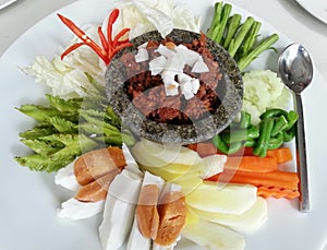 Nam-Prick-Long-Ruea, Thai cuisine spacial served with eggs boiled and the fresh vegetables, Thai food, Thailand
