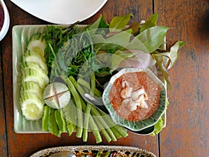 Nam prig Kapi is shrimp paste mix chili sauce served with boiled